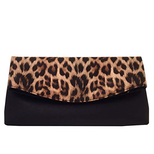 JNB Synthetic Leather Leopard Print Fold Over Clutch, Brown