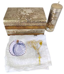 baptism candle set for boys and girls in premium decoration box with towel, rosary and shell included – velas para bautizo recuerdos de bautizo – baptism kit catholic with candle for boy favors