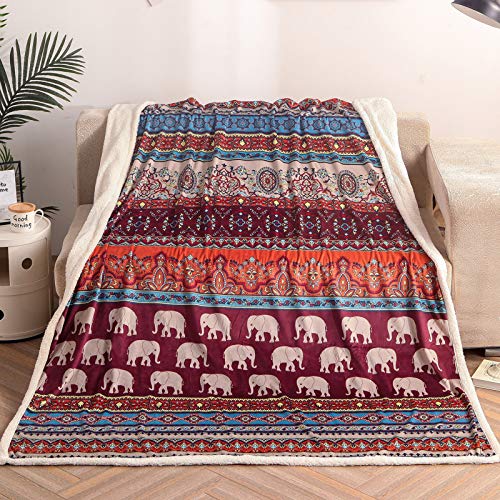 LOVINSUNSHINE Boho Throw Blankets for Couch Bohemian Elephant Soft Cozy Plush Sherpa Fleece Blanket 60x80 -