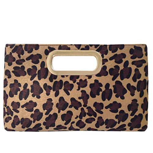 JNB Top Handle Faux Fur Leopard Clutch, Beige