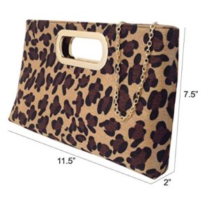 JNB Top Handle Faux Fur Leopard Clutch, Beige