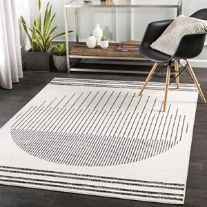 hauteloom angus contemporary bedroom living room farmhouse area rug – art deco boho carpet – mid century round southwestern – native american – black, grey, off white, beige – 5′ x 7′