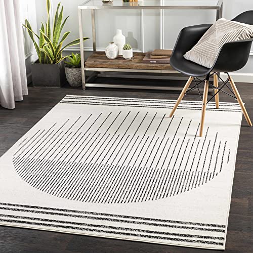 Hauteloom Angus Contemporary Bedroom Living Room Farmhouse Area Rug - Art Deco Boho Carpet - Mid Century Round Southwestern - Native American - Black, Grey, Off White, Beige - 5' x 7'