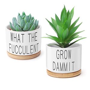 succulent pots, popvip 3.15 inch ceramic funny planter pots with bamboo tray, housewarming gift for women, best friend, daughter, mom, coworker, pack of 2 – plants not included (a)