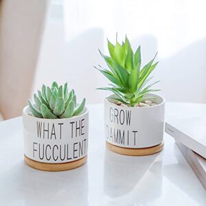 Succulent Pots, Popvip 3.15 Inch Ceramic Funny Planter Pots with Bamboo Tray, Housewarming Gift for Women, Best Friend, Daughter, Mom, Coworker, Pack of 2 - Plants Not Included (A)