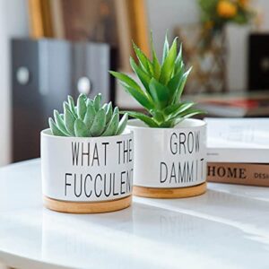 Succulent Pots, Popvip 3.15 Inch Ceramic Funny Planter Pots with Bamboo Tray, Housewarming Gift for Women, Best Friend, Daughter, Mom, Coworker, Pack of 2 - Plants Not Included (A)