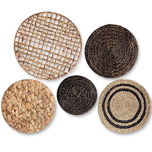 Large Boho Woven Wall Basket Decor - Set of Five - Handmade Wall Art made from Natural Water Hyacinth Seagrass - Ready to Hang