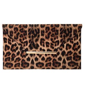 jnb synthetic leather flat envelope leopard print clutch, brown