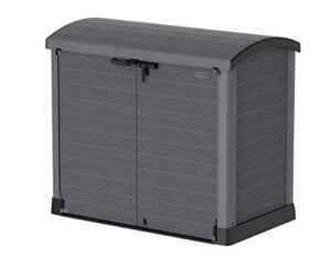 duramax cedargrain storeaway 1200l plastic garden storage shed / arc lid – outdoor storage bike shed – durable & strong construction– ideal for tools, bikes, bbqs & 2x 240l bins, 145x85x125 cm, grey