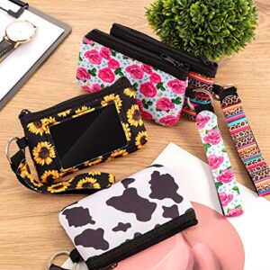 Frienda 4 Pieces Sunflower Credit Card Holder PVC Zipper Wristlet Pouch Neoprene Mini Wristlet Wallet Neoprene for Women Girls