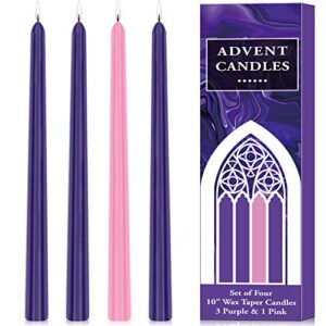 perkisboby 4pack christmas advent taper candle, 8 hour burn, unscented, 10 inch dripless taper candles for christmas, party, church, celebration, home décor – 3 purple & 1 pink