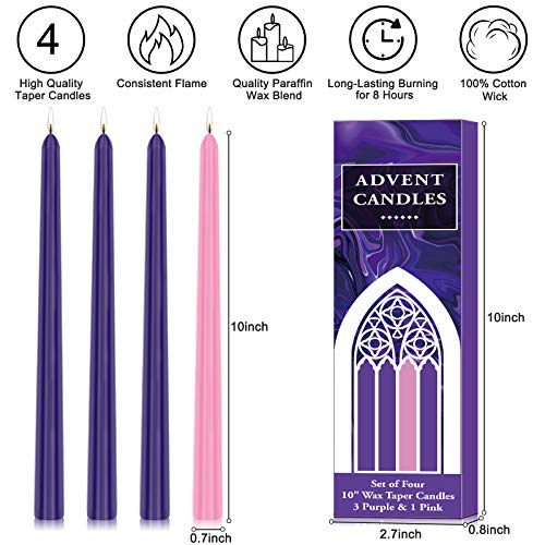 Perkisboby 4Pack Christmas Advent Taper Candle, 8 Hour Burn, Unscented, 10 Inch Dripless Taper Candles for Christmas, Party, Church, Celebration, Home Décor - 3 Purple & 1 Pink