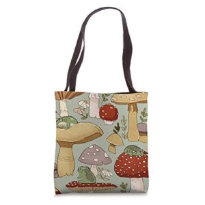 cute cottagecore frog and mushroom vintage tote bag