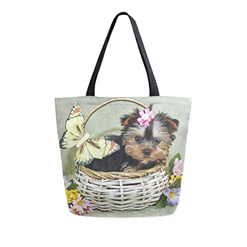 Women Top Bag Handle Handbags Shoulder Bag Yorkie Puppy With Daisy Tote Washed Canvas Purses Bag (be11d)