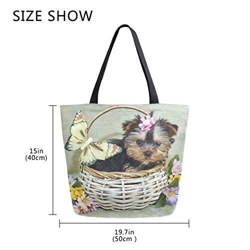 Women Top Bag Handle Handbags Shoulder Bag Yorkie Puppy With Daisy Tote Washed Canvas Purses Bag (be11d)