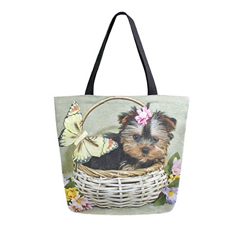 Women Top Bag Handle Handbags Shoulder Bag Yorkie Puppy With Daisy Tote Washed Canvas Purses Bag (be11d)