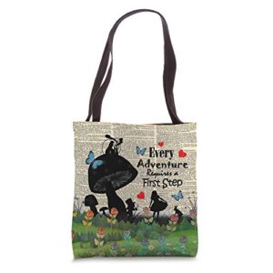 every adventure requires a first step – alice in wonderland tote bag