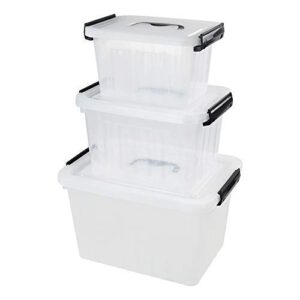 farmoon clear storage bin, plastic stackable box/container with lid and black handle, 3 packs