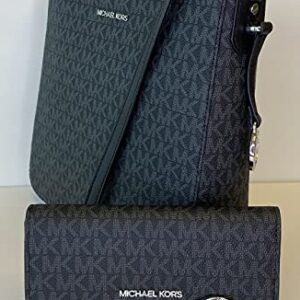 Michael Kors MICHAEL Michael Kors Jet Set Travel Large Messenger Crossbody bundle with Trifold Wallet Purse Hook (Signature MK Black)