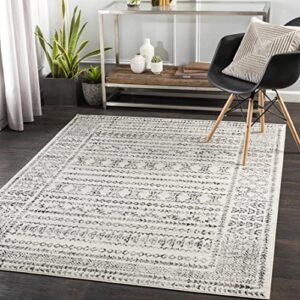 greig bohemian farmhouse living room bedroom area rug – neutral boho carpet – bordered – off white, black, grey, beige – 6’7″ x 9′
