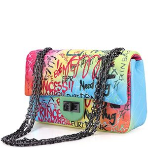 scioltoo satchel handbags for women neon multicolor colorful shoulder crossbody cute  brilliant color clutch purses graffiti evening bag with zipper and long strap yellow