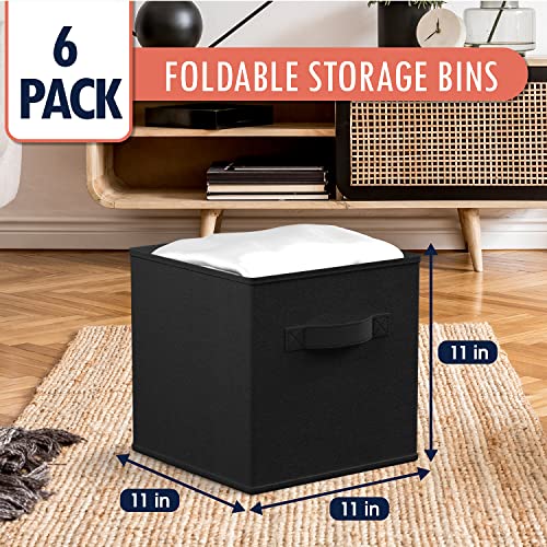 Ornavo Home Foldable Collapsible Storage Box Bins Shelf Basket Cube Organizer with Dual Handles - Set of 6-11 x 11 x 11 - Black