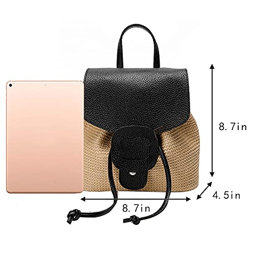 Hoce Straw Backpack Purse Mini Drawstring Flap Backpack for Women Girls Beach (Black)