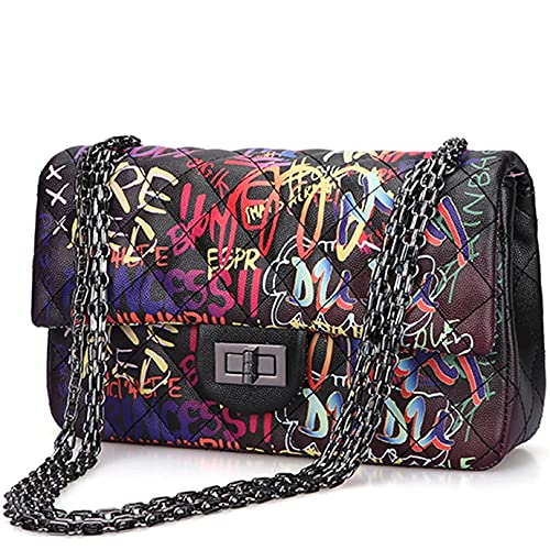 Scioltoo Clutch Purses for Women Crossbody Cute Fashion Leather Satchel Bright Rainbow Multicolor Neon Shoulder Bags Graffiti Handbag with Zipper and Long Strap Black