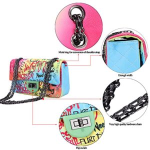 Scioltoo Clutch Purses for Women Crossbody Cute Fashion Leather Satchel Bright Rainbow Multicolor Neon Shoulder Bags Graffiti Handbag with Zipper and Long Strap Black