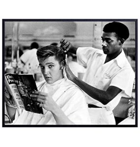 vintage elvis photo, wall art decor – barbershop haircut photograph for salon, barber shop, bathroom, living room, bedroom – gift for country music, graceland fan, hair stylist – 8×10 poster