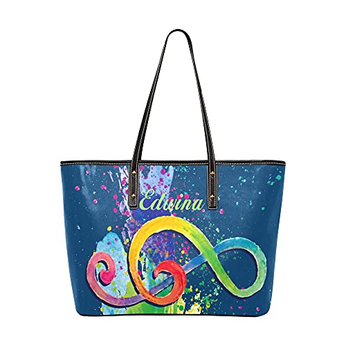 Watercolor Music Note Blue Personalized Leather Tote Bag Large Capacity Handbag