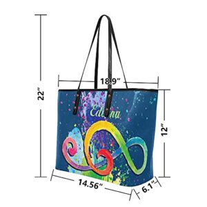 Watercolor Music Note Blue Personalized Leather Tote Bag Large Capacity Handbag