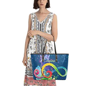 Watercolor Music Note Blue Personalized Leather Tote Bag Large Capacity Handbag