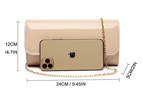 FIVE FLOWER Patent Leather Envelope Clutch Purse Shiny Candy Foldover Clutch Evening Bag for Women (Nude-2)