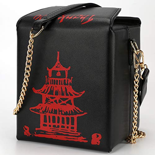 QiMing Tower Print Crossbody Shoulder Bag,Pu Chinese Takeout Box Totes Purse for Women(Black)