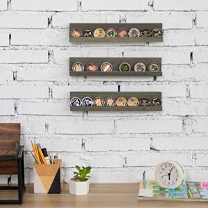 MyGift Wall Mounted Vintage Gray Wood Challenge Coin Holder and Casino Chip Display Shelf, Single Row Military Coin Showcase Rack, Set of 3