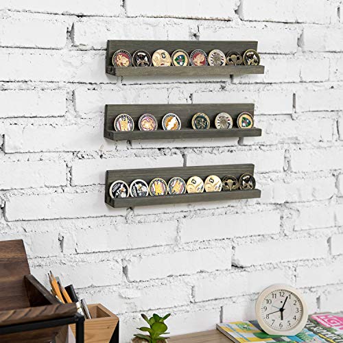 MyGift Wall Mounted Vintage Gray Wood Challenge Coin Holder and Casino Chip Display Shelf, Single Row Military Coin Showcase Rack, Set of 3