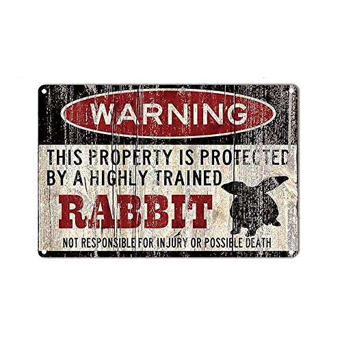 Rabbit Tin Sign, Funny Metal Sign, Vintage Wall Decor 12x8 Inch - Warning This Property Protected by Rabbit