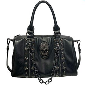 fivelovetwo women skull chain handbag and purse gothic rivet tote satchel shoulder bag black