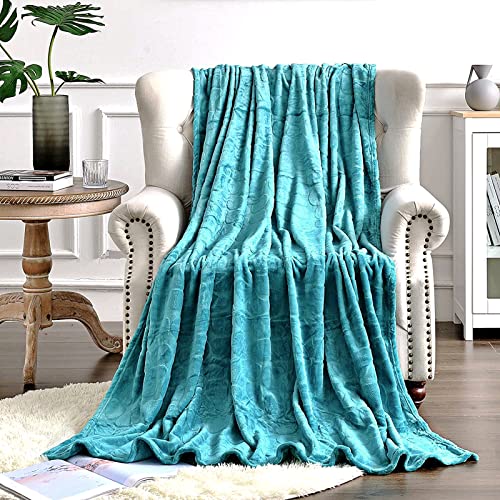 FY FIBER HOUSE Flannel Fleece Throw Blanket Super Soft Lightweight Microfiber with Stone Print for Couch, 50"X60", Teal