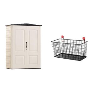 Rubbermaid Storage Shed 5x2 Feet, Sandalwood/Onyx Roof (FG5L1000SDONX), Sandstone & Shed Accessories Large Wire Basket, Individual, Black