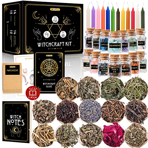 Witchcraft Supplies Kit for Witch Altar 54PCS - Spell Candles for Witches - Crystals Spell Jars for Witches - Herbs for Spells - Beginner Witch Kit Box - Witchcraft Kit - Witch Starter Kit