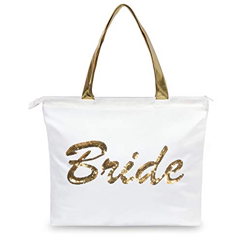 TOPDesign Wedding Gold Sequin Canvas Tote Bag, Bridal Shower Gifts for Bride Bag with an Internal Pocket, Top Zipper Closure, Bride