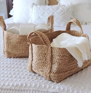 goobloo handmade woven basket 100% jute – 10” x 7” – set of 2- storage basket for living room, toys, storage, towels or nursery – wicker baskets with handles – handmade natural bathroom hampers