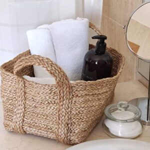 GooBloo Handmade Woven Basket 100% Jute - 10” x 7” - Set of 2- Storage Basket for Living Room, Toys, Storage, Towels or Nursery - Wicker Baskets with Handles - Handmade Natural Bathroom Hampers