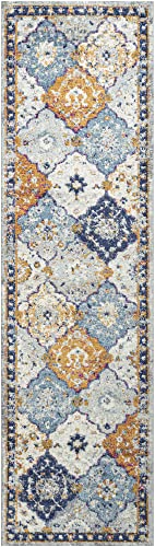 JONATHAN Y MDP214A-28 Kirman Bohemian Medallion Indoor Area-Rug Bohemian Vintage Easy-Cleaning Bedroom Kitchen Living Room Non Shedding, 2 X 8, Light Gray Blue Orange