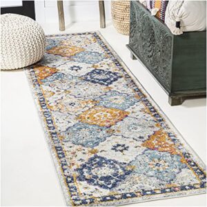 JONATHAN Y MDP214A-28 Kirman Bohemian Medallion Indoor Area-Rug Bohemian Vintage Easy-Cleaning Bedroom Kitchen Living Room Non Shedding, 2 X 8, Light Gray Blue Orange