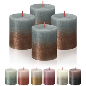 bolsius 4 pack eucalyptus green/copper sunset rustic metallic pillar candles – 2.75 x 3.25 inches – natural eco-friendly plant-based wax – unscented dripless smokeless 35 hour quality european candles