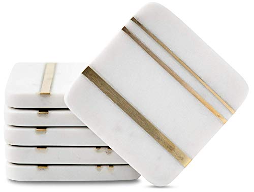 Cork & Mill Marble Coasters for Drinks - Set of 6 Handcrafted Modern Coasters - White Drink Coasters with Gold Brass Inlay - Made from Real Solid Marble