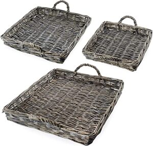 auldhome rustic willow basket trays, set of 3 (square, gray washed); natural wicker decorative farmhouse trays